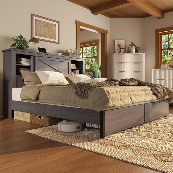 Papajet King Bed Frame with Bookcase Headboard & Charging Station, 2 Storage Drawers, Grey