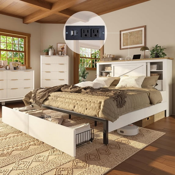 Papajet King Bed Frame with Bookcase Headboard & Charging Station, 2 Storage Drawers, White