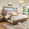 thumbnail image 1 of Papajet King Bed Frame with Charging Station and LED Light,Wingback Storage Headboard,No Box Spring Needed,Sherpa Khaki, 1 of 8