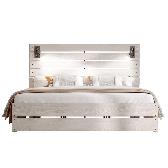 Papajet King Farmhouse Bed Frame with 51" Barn Door Headboard, LED Reading Lights, Platform Bed Frame with Wood Slats, Storage Space, Ash White