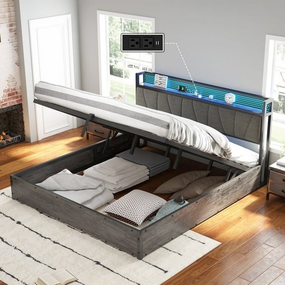 Papajet King Size Bed Frame with Lift Up Storage, Linen Upholstery and LED Lights, Rustic Brown