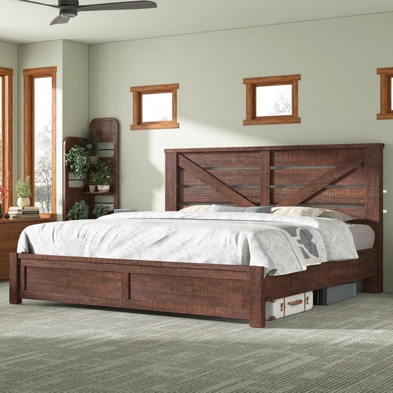 Papajet King Size Farmhouse Bed Frame with Barn Door Headboard, Wood ...
