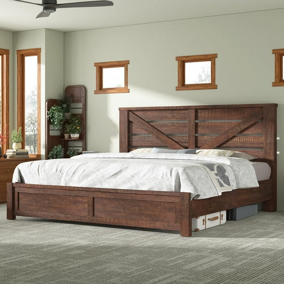 Papajet King Size Farmhouse Bed Frame with Barn Door Headboard, Wood Slats and Storage Space, Brown