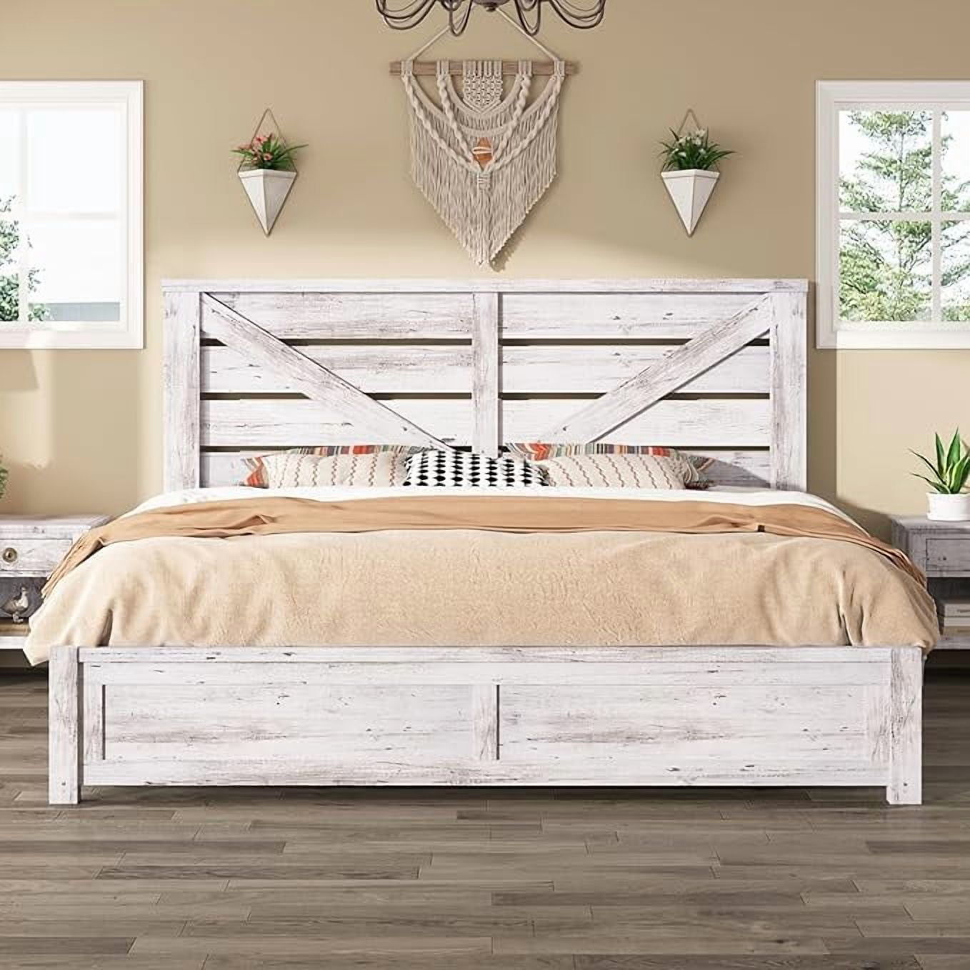 Papajet King Size Farmhouse Bed Frame with Barn Door Headboard, Wood Slats and Storage Space, White