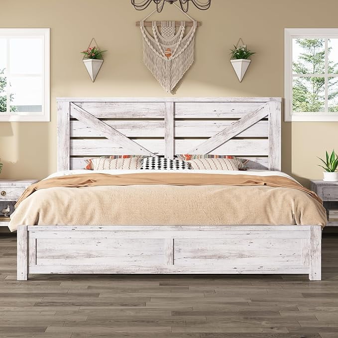 Papajet King Size Farmhouse Bed Frame with Barn Door Headboard, Wood ...