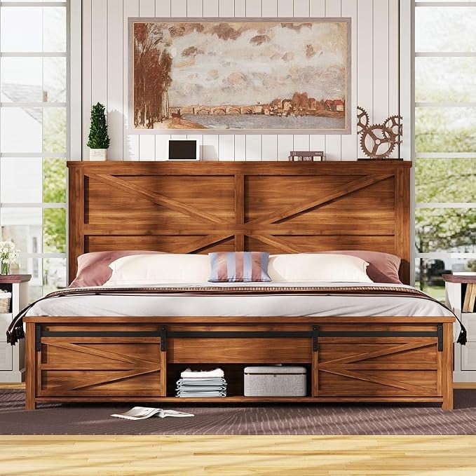 Papajet King Size Farmhouse Wood Bed Frame with Storage Cabinets & Wood ...