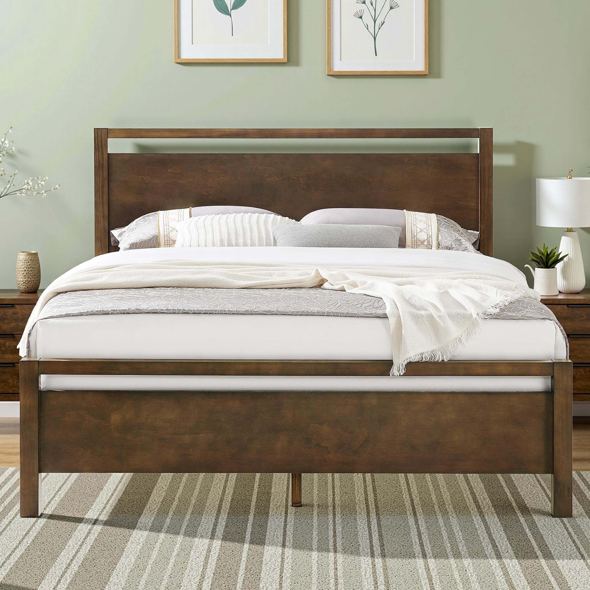 Papajet King Size Solid Wood Bed Frame with Headboard, Minimalist Platform Bed with Wood Slats Support, Easy Assembly, Noise-Free, Dark Brown