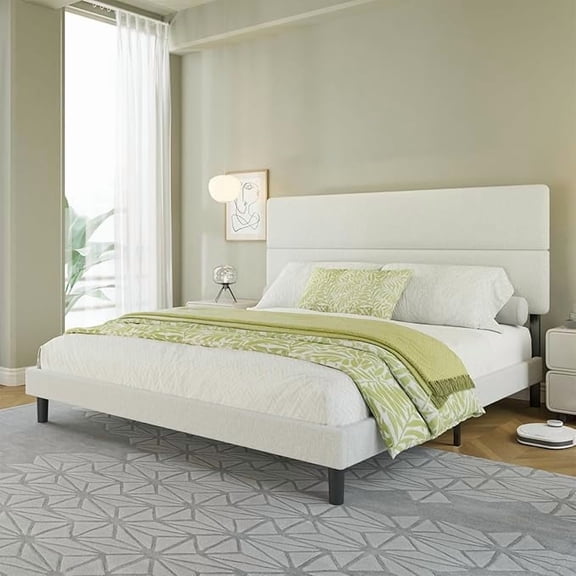 Papajet King Size Upholstered Bed Frame with Adjustable Headboard & Wood Slats, White