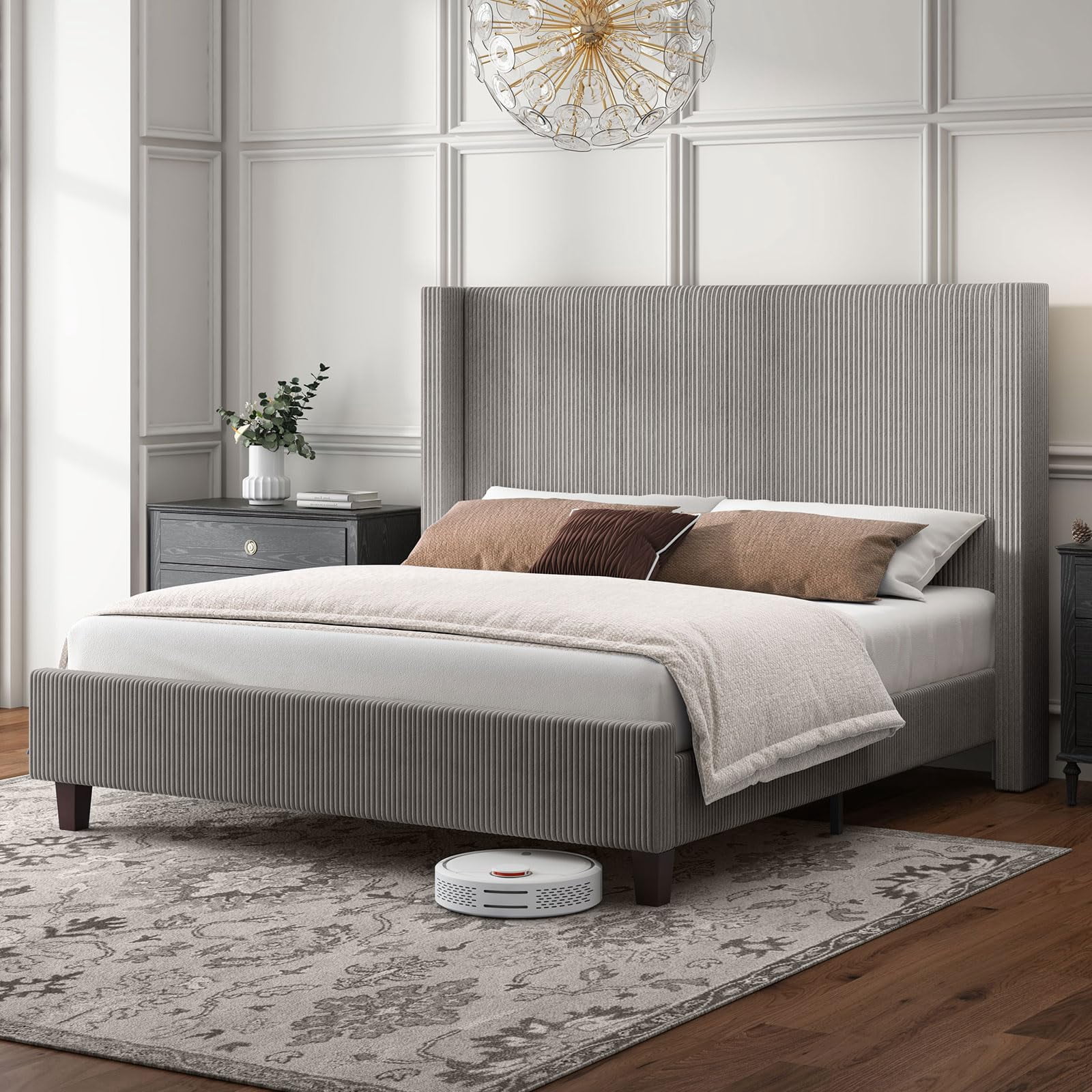 Papajet King Size Upholstered Platform Bed Frame, Wingback Bed with 50.8" Headboard, Corduroy Taupe