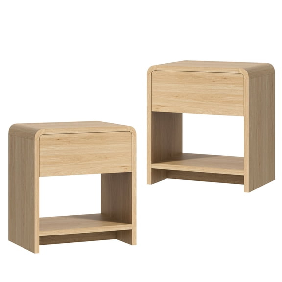 Papajet Modern Nightstand Set of 2 with Storage Drawer & Open Shelves, 24" Round Bedside Table for Bedroom, Living Room, Natural Oak