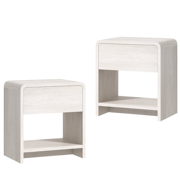 Papajet Modern Nightstand Set of 2 with Storage Drawer & Open Shelves, 24" Round Bedside Table for Bedroom, Living Room, White