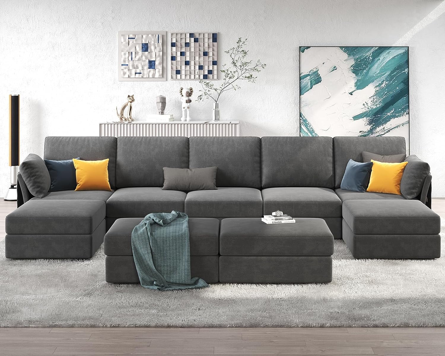 Papajet Modular Sectional Sofa, 6 Seats Oversized Couch with Storage , Ottomans- Chenille Grey