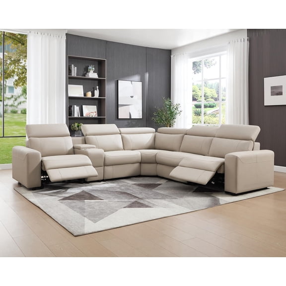 Papajet Power Recliner Sofa, Electric Reclining Sofa with Console & Dual Recliner, Leather Sectional Couch for Living Room, Beige Brown
