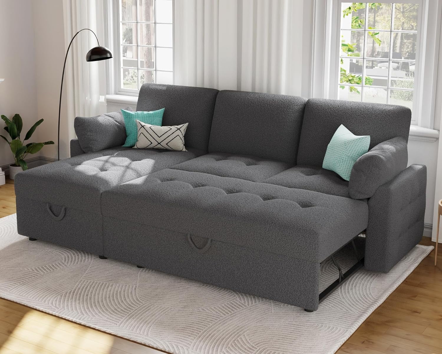 Papajet Modern Tufted Sleeper Sofa Bed with Storage Chaise, L Shaped