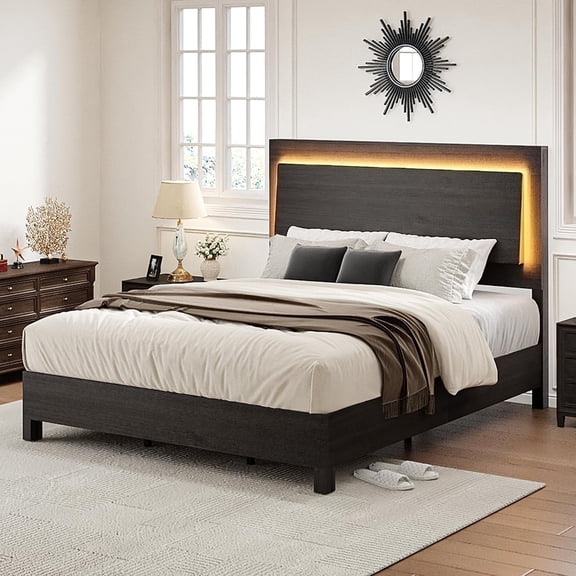 Papajet Queen Bed Frame with 47" Rustic Headboard, LED Lights and Wooden Slats, Black