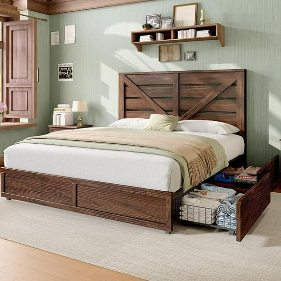 Papajet Queen Size Farmhouse Bed Frame with 4 Drawers & Headboard, Heavy Duty Slats, Brown