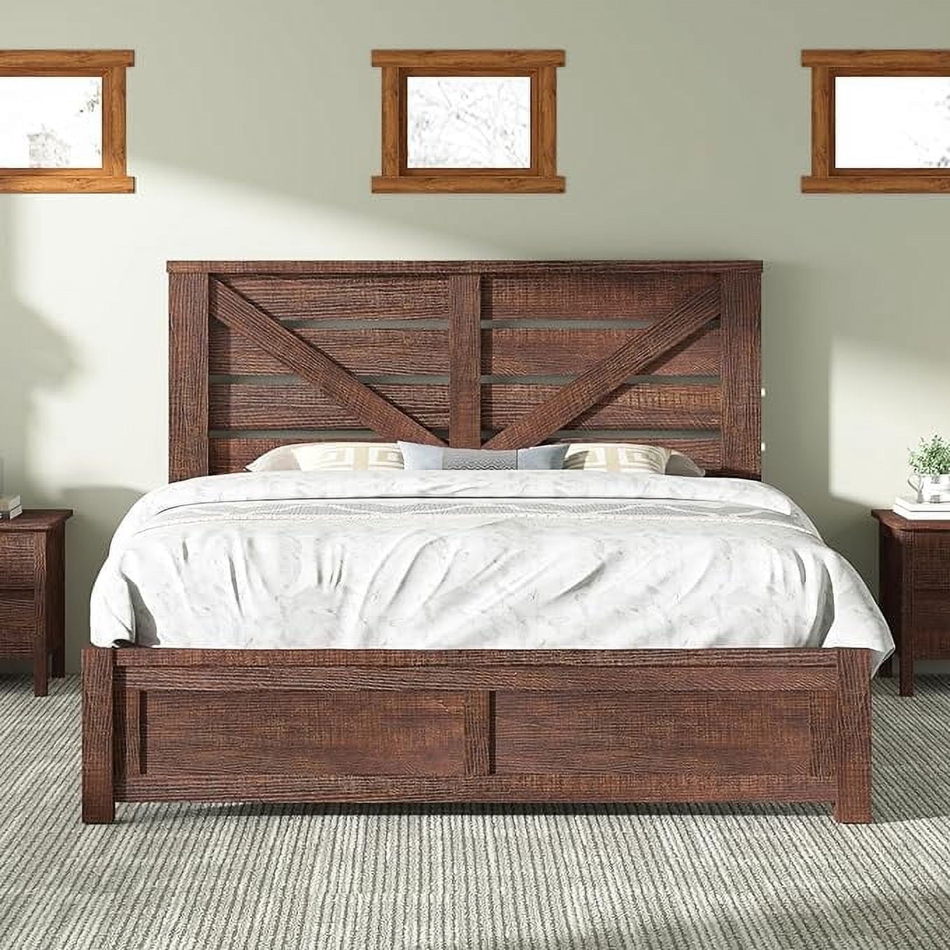 Papajet Queen Size Farmhouse Bed Frame with Barn Door Headboard, Wood ...