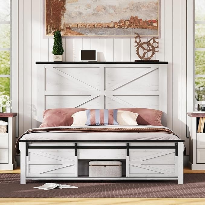 Papajet Queen Size Farmhouse Wood Bed Frame with Storage Cabinets ...
