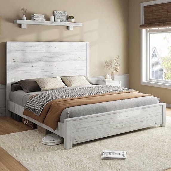 Papajet Queen Size Wood Bed Frame with 51.2" Rustic Headboard & Wood Slats, Antique White