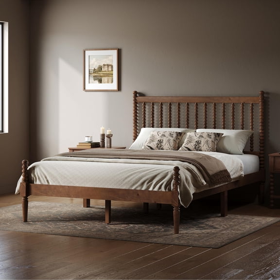Papajet Queen Solid Wood Bed Frame with 47.2" Bobbin Spindle Headboard, Vertical Turned Posts, Heavy-Duty Wooden Slats Support, Noise-Free