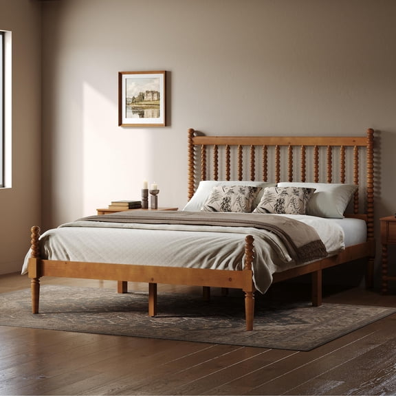 Papajet Queen Solid Wood Platform Bed Frame with 47.2" Bobbin Spindle Headboard, Brown, Vertical Turned Posts, Heavy-Duty Wooden Slats Support