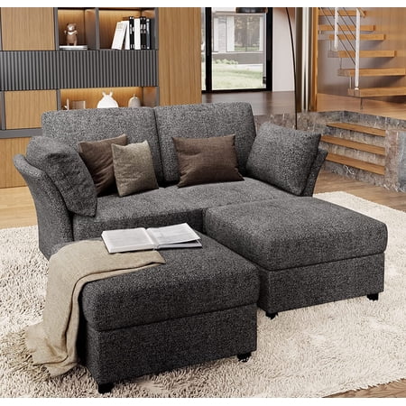 VANACC Sectional Modular Sofa with Ottomans, 4 Seat Couch for Living Room, Grey Chenille Loveseat