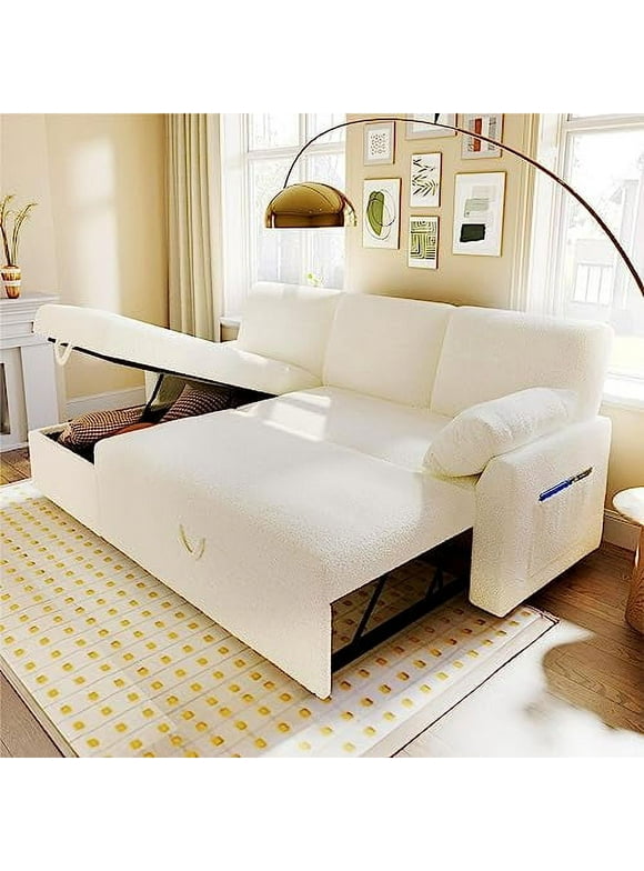 Papajet Sleeper Sofa, Pull Out Couch Bed with Storage Chaise for Living Room Office- White Sherpa