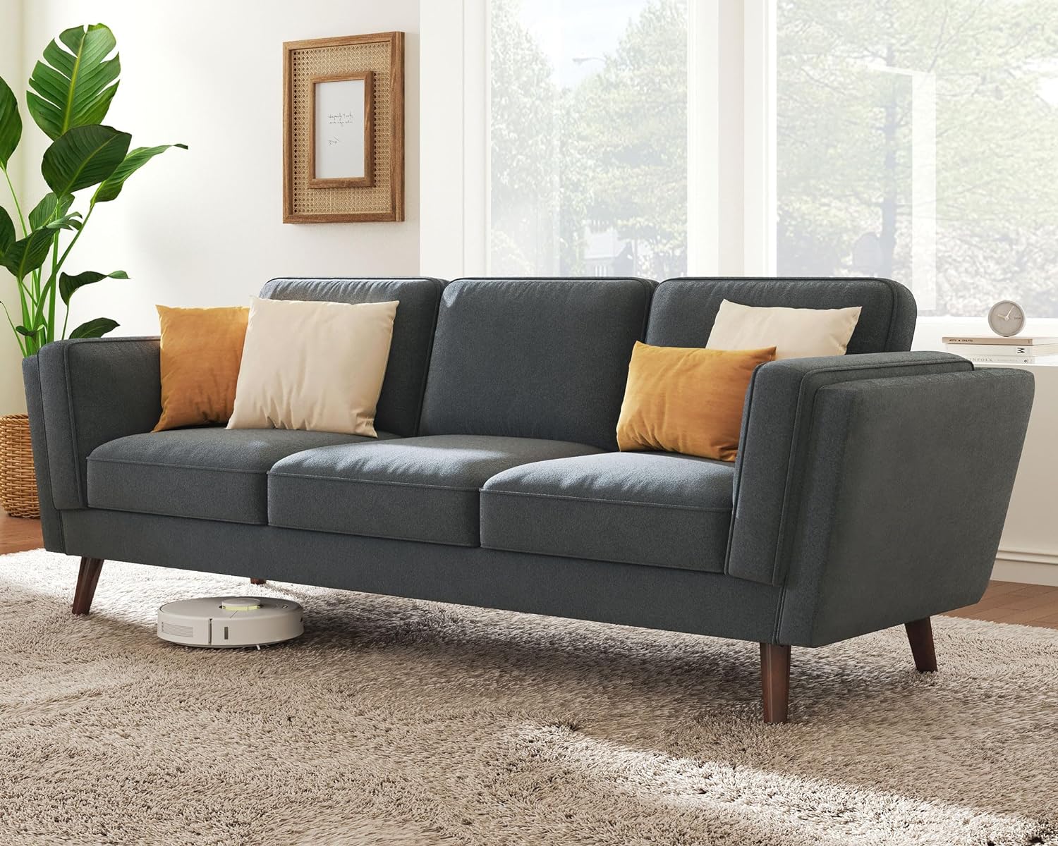 Papajet Sofa, 87inch Modern Sofa with Embedded Arm Pillow Dark Grey