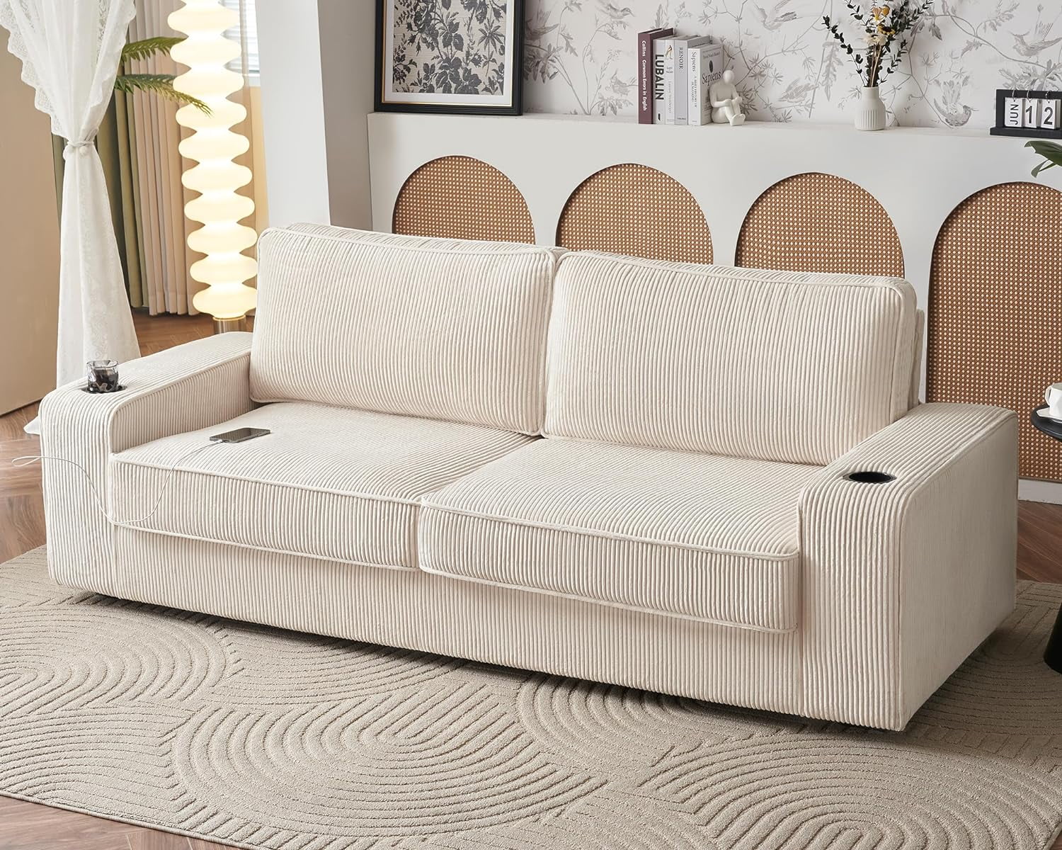 Papajet Sofa, 89 inch Modern Sofa with USB Charging Ports & Cup Holders