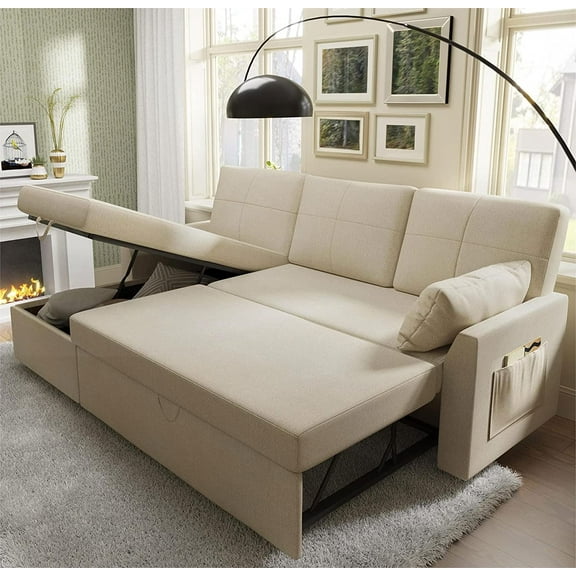 Merluxy Sofa Bed, Sleeper Sofa with Storage Chaise- Pull Out Couch for Living Room, Beige Chenille