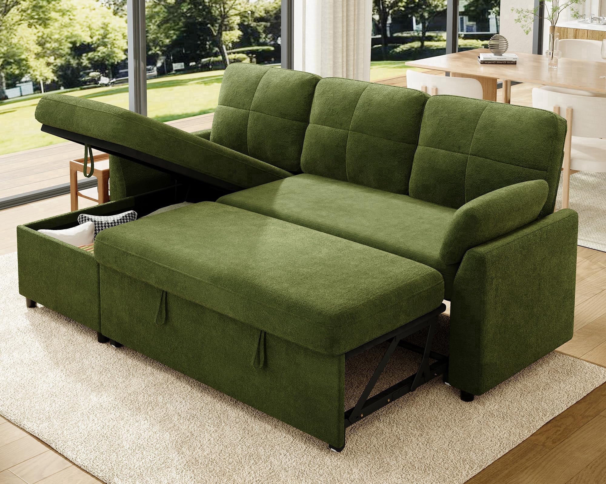 Merluxy 83.5'' Sectiona Sofa Bed with Storage - Green Sleeper Couch for Living Room, Linen