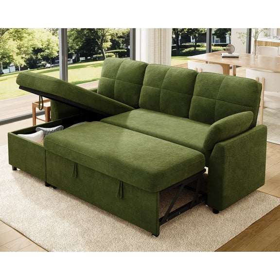 Merluxy 83.5'' Sofa Bed, Sleeper Sofa with Storage Chaise- Pull Out Couch for Living Room, Linen Green