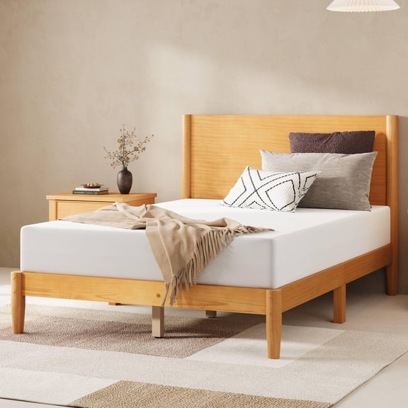 Papajet Solid Wood Full Size Bed Frame, Mid Century Modern Bed with Full Panel Headboard, Under-Bed Storage, Natural Wood