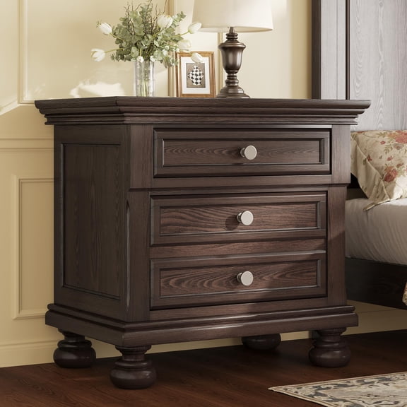 Papajet Solid Wood Nightstand, Fully Assembled End Table with 2 Storage Drawers, 26" Extra Large Traditional Bedside Cabinet for Bedroom, Dark Brown