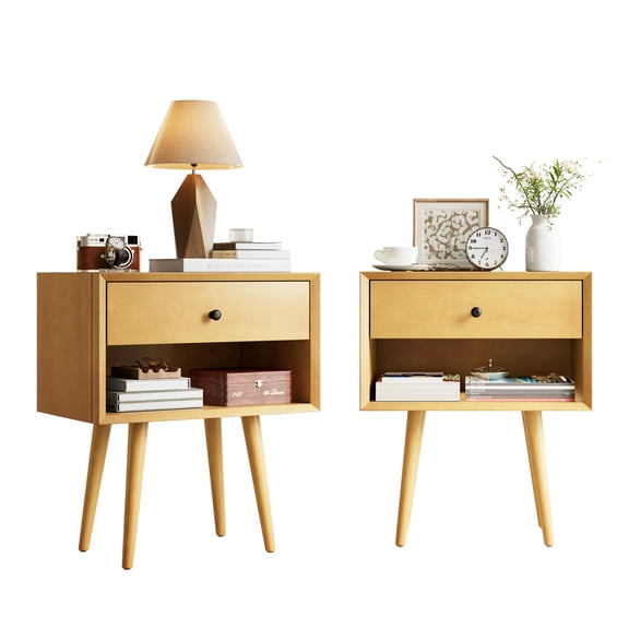 Papajet Solid Wood Nightstand Set of 2, Fully Assembled End Table with Storage Drawer & Open Cubby, Mid-Century Modern Side Table for Bedroom, Natural