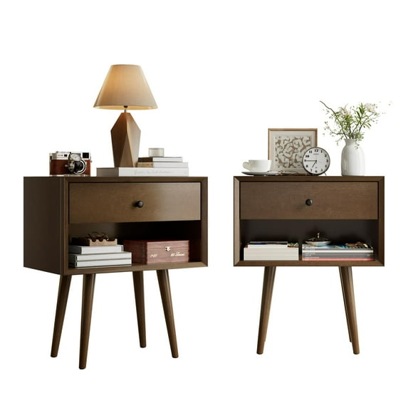 Papajet Solid Wood Nightstand Set of 2, Fully Assembled End Table with Storage Drawer & Open Cubby, Mid-Century Modern Side Table for Bedroom, Walnut