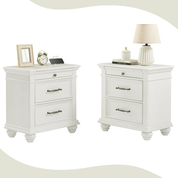 Papajet Solid Wood Nightstand Set of 2 with Fully Assembled, 28" Wide Vintage Farmhouse Bedside Table with USB Ports for Bedroom, Antique White