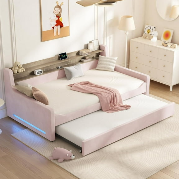 Papajet Twin Daybed with Trundle, Upholstered Day Bed with Storage Headboard & Charging Station, LED Bed Frame for Bedroom/Guest Room, Velvet Pink