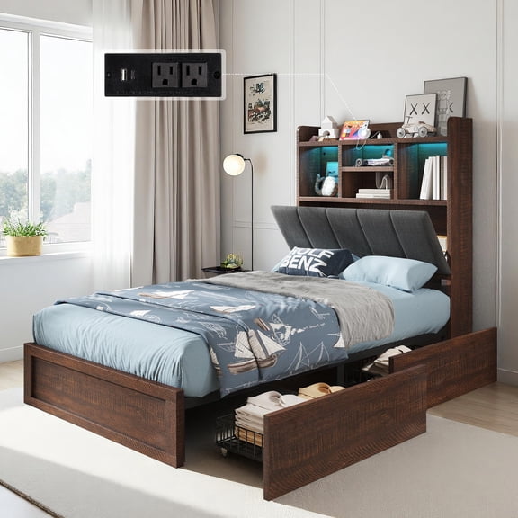 Papajet Twin Farmhouse Bed Frame with Bookcase Headboard and 4 Drawers, LED Storage Bed with Charging Station & Linen Upholstered, Reclaimed Barnwood