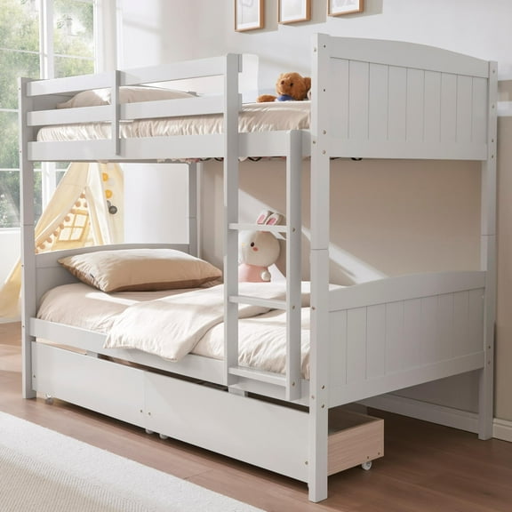 Papajet Twin Over Twin Bunk Bed with Drawers, Solid Rubberwood Convertible Loft Beds with Ladders, Modern Detachable Bed Frame for Teens Bedroom, Grey