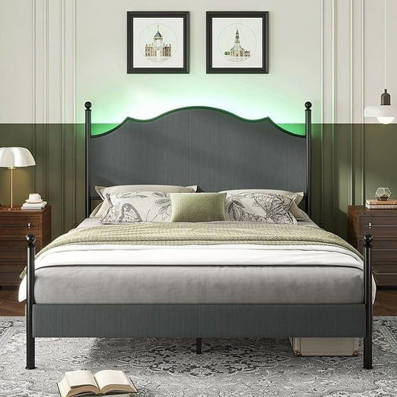 Papajet Upholstered Full Size Bed Frame with 51.2" LED Headboard & Wood Slats, Dark Grey