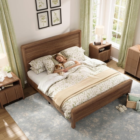 Papajet Wood Queen Size Bed Frame with Headboard & Footboard, Modern Fluted Wooden Platform Bed Frame with Rounded Safety Edges, Walnut