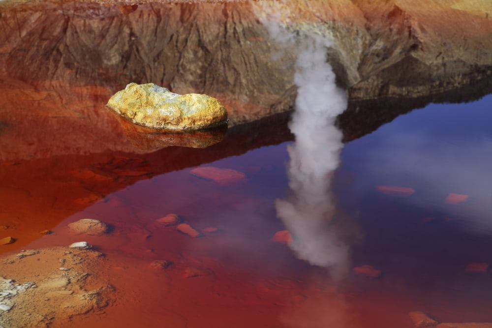 Papandayan acid lake with fumarole reflection Java Island Indonesia Canvas Art - Martin RietzeStocktrek Images (17 x 12)