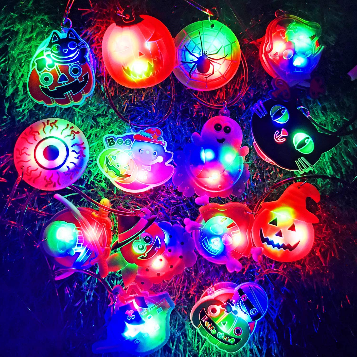 Papapt 12 pcs Halloween LED Necklace Bracelets Pumpkin Ghost Pirate Spider Eyeball Necklace Halloween Party Favor Light up Flashing Decoration Trick Treats Gift Bag Fillers for Women Men Family Pack