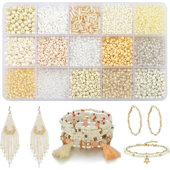 Papapt 15 Color 4mm Small Assorted Glass Seed Beads,3mm Bugle Beads Friendship Bracelet Kit,2mm Tiny Tube Beads for Jewelry Making(White Bead) #J02