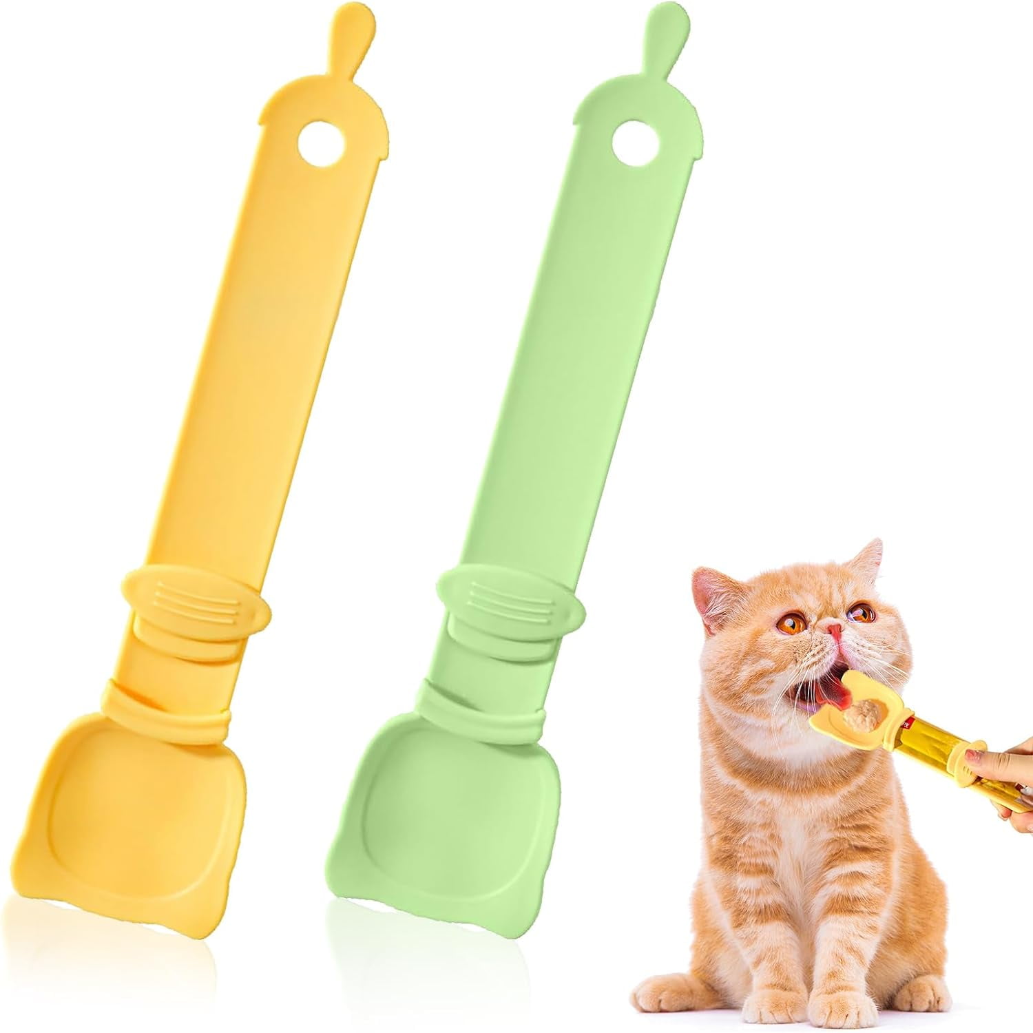 Papapt 2 Pack Cat Treat Spoon Dispenser, Lickable Cat Strip Squeeze Feeder Multifunctional Pet Wet Food Feeder Scoop for Cat Liquid Snack Tube Feeding Storage Container, Yellow+Green
