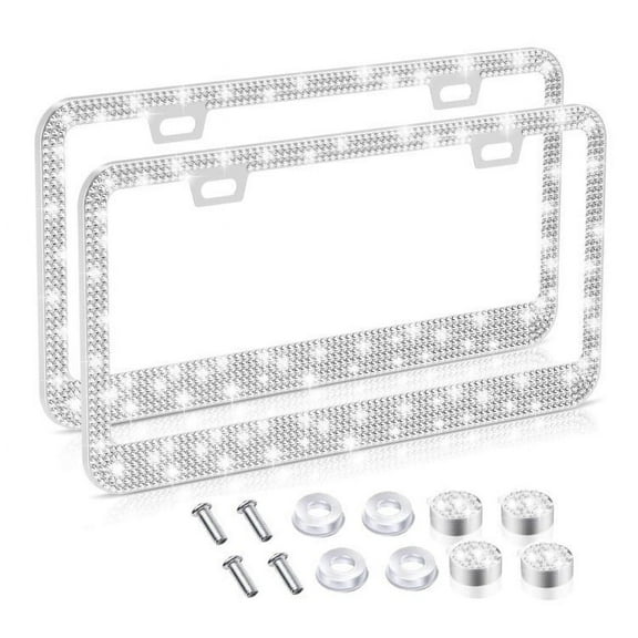 Papapt 2 Pcs License Plate Frame for Women, Premium Stainless Steel Rhinestone Car License Plate Holder, Handmade Glitter Crystal Diamond Girl License Plate Cover, White# J02