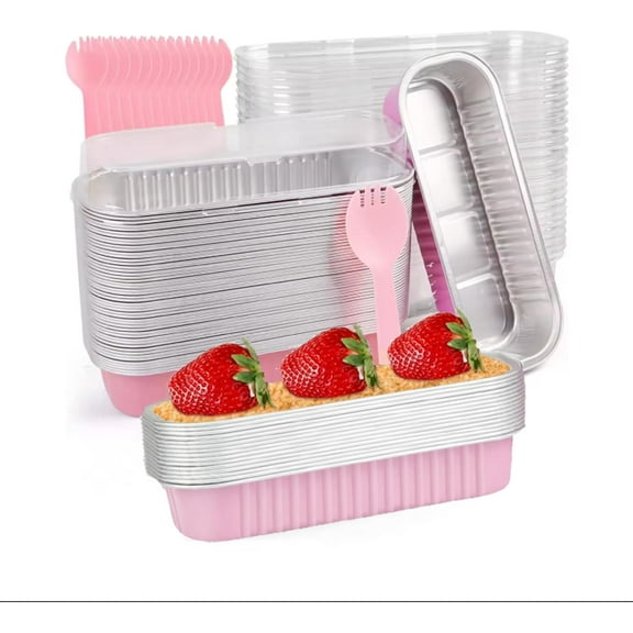 30 pack pink Mini Loaf Baking Pans With Lids and spoons, 6.8oz Rectangle Aluminum Foil Mini Cake Baking Pans Tins Containers,Disposable Cupcake, Cheesecake, Cream Pudding, Baking Cup Muffin Molds
