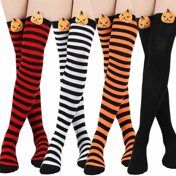 Papapt 4 Pcs Pumpkin Devil Halloween Socks, Knee Over Socks, Striped Long Socks, Polyester Cotton /#J02