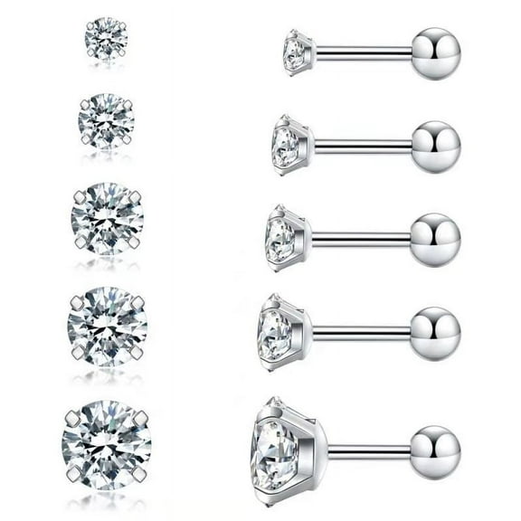 Papapt 5 Pairs Flat Back Earrings for Women Multipack, Cartilage Earring, Nickel Free Hypoallergenic Earrings, Cubic Zirconia Earrings Studs(3mm-7mm), silver